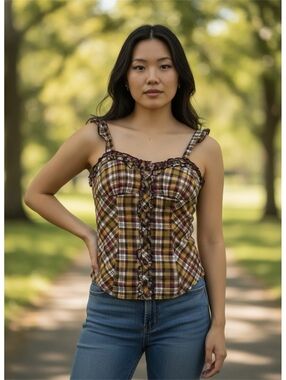 Vintage Heart Soul Women's Yellow Plaid Ruffle Trim Sleeveless Top, Size Small